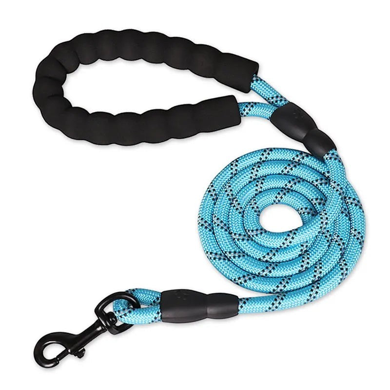 Tailwag Factory blue reflective nylon dog leash with a comfortable black padded foam handle and quick-release clip.