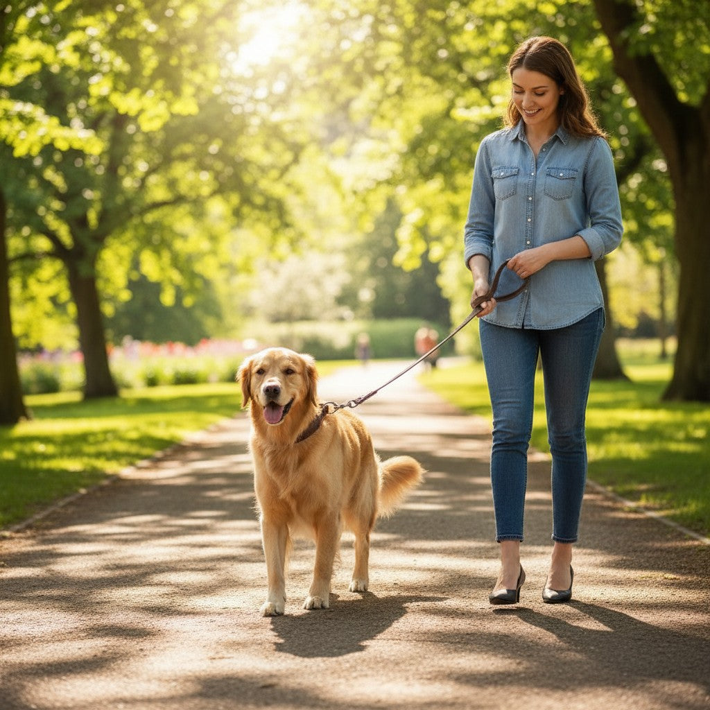 Tailwag Factory genuine brown leather dog collar worn by a golden retriever on a walk with its owner in a park