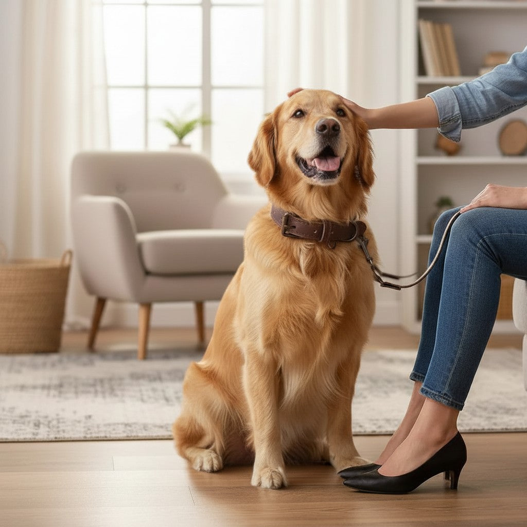 Tailwag Factory brown genuine leather dog collar worn by a golden retriever sitting next to a person indoors
