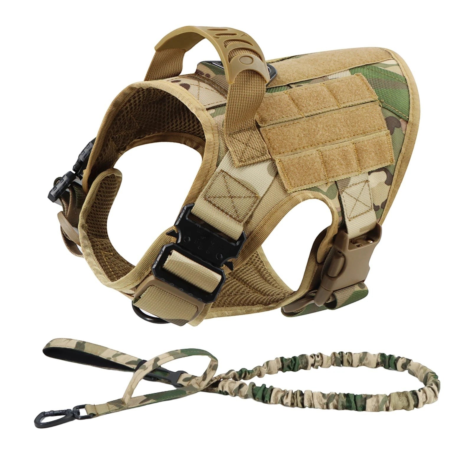 Tailwag Factory camouflage tactical dog harness and matching bungee leash with MOLLE panels and reinforced handle