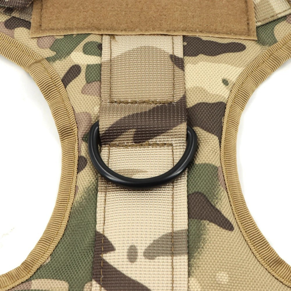 Tailwag Factory tactical dog harness in camouflage print with a black metal D-ring and hook and loop patch panel.