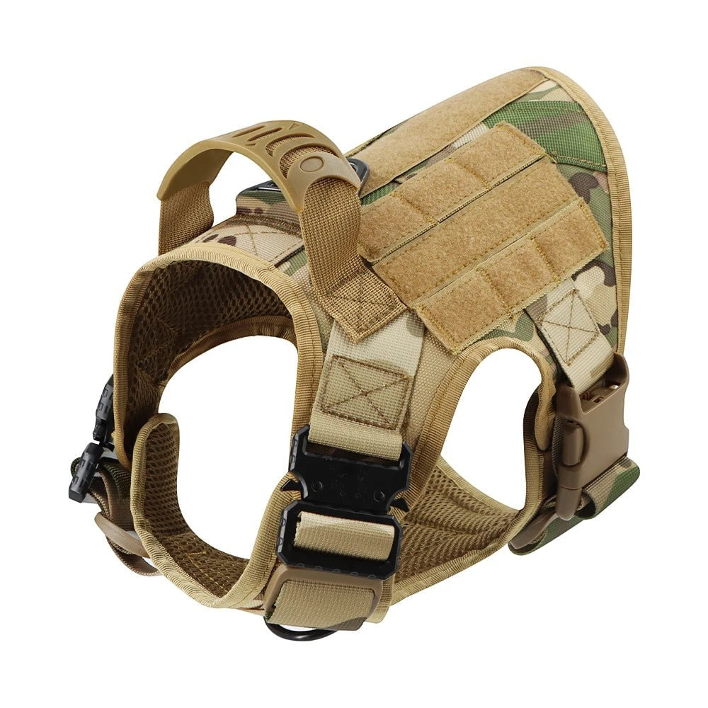 Tailwag Factory camouflage tactical dog harness with MOLLE panels, reinforced handle, and heavy-duty metal buckles.