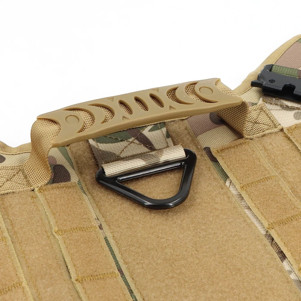Tailwag Factory tactical dog harness in camouflage with a reinforced tan handle, metal D-ring, and MOLLE patch panels.