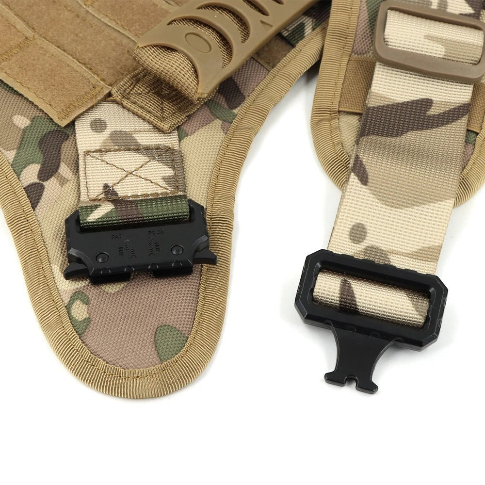Tailwag Factory camouflage tactical dog harness with heavy-duty metal buckles and reinforced nylon webbing