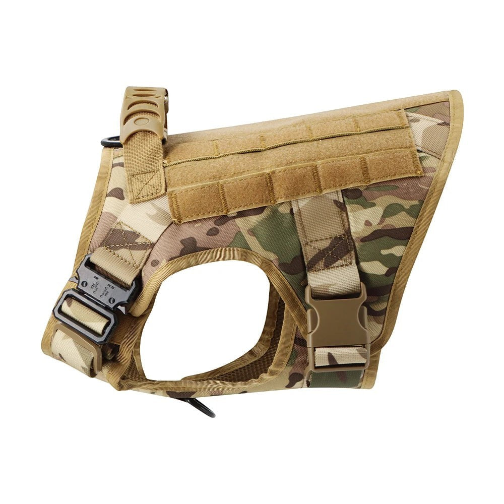Tailwag Factory tactical dog harness in camouflage print with metal buckles, MOLLE webbing, and reinforced top handle.