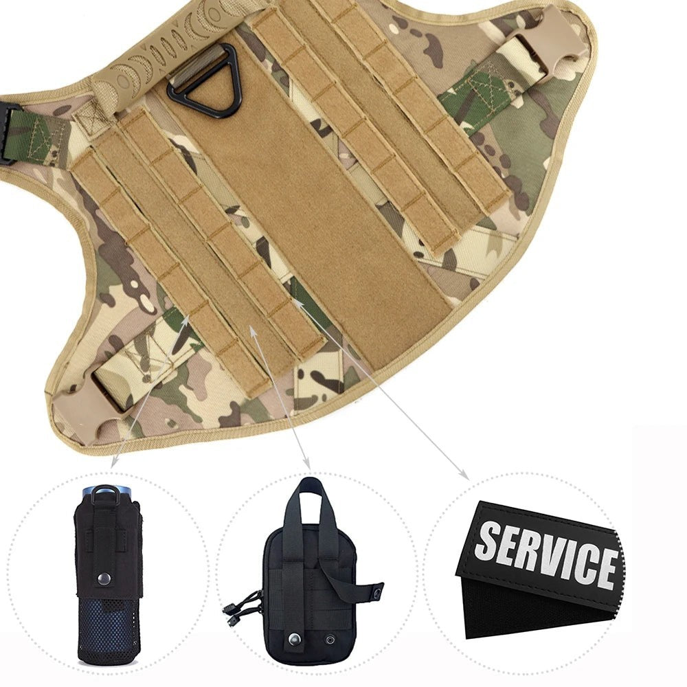 Tailwag Factory camouflage tactical dog harness with MOLLE system, water bottle pouch, and service patch