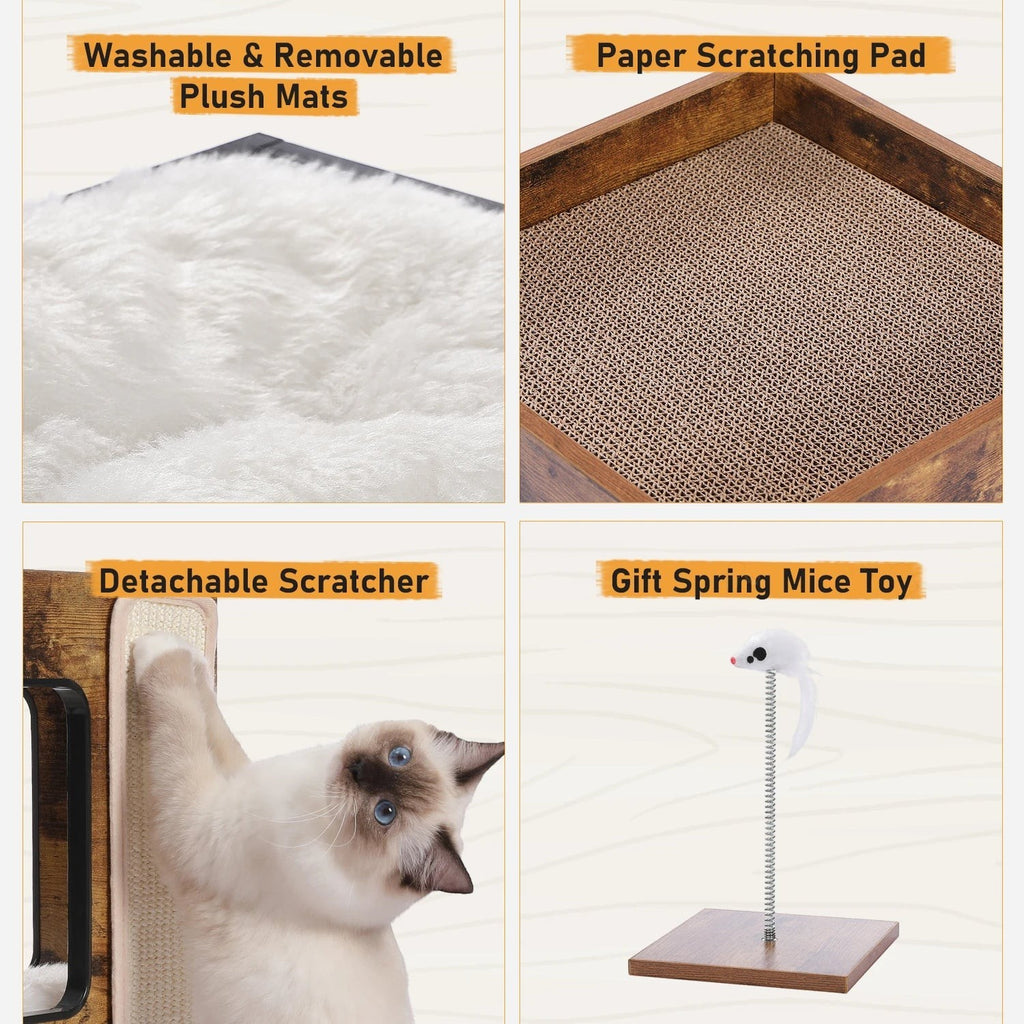 Tailwag Factory modern cat condo features plush washable mats, a paper scratching pad, a detachable scratcher, and toy