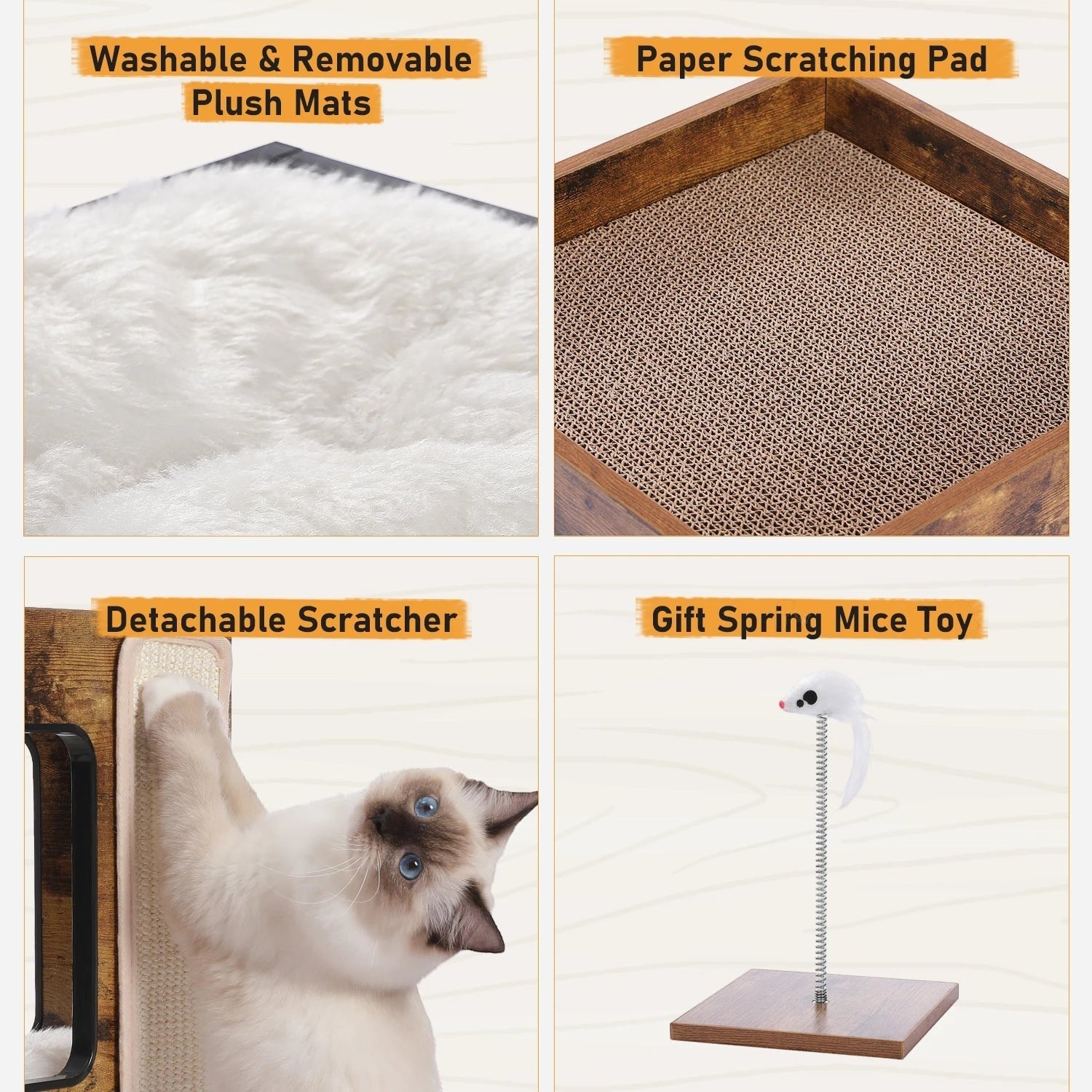 Tailwag Factory modern cat condo features plush washable mats, a paper scratching pad, a detachable scratcher, and toy