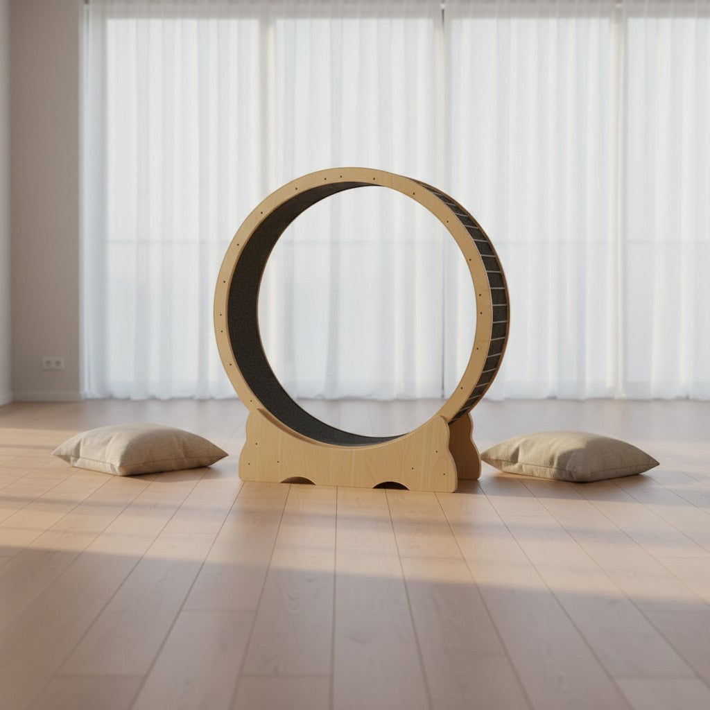 Tailwag Factory grey felt cat exercise wheel mat installed on a wooden treadmill in a bright living room