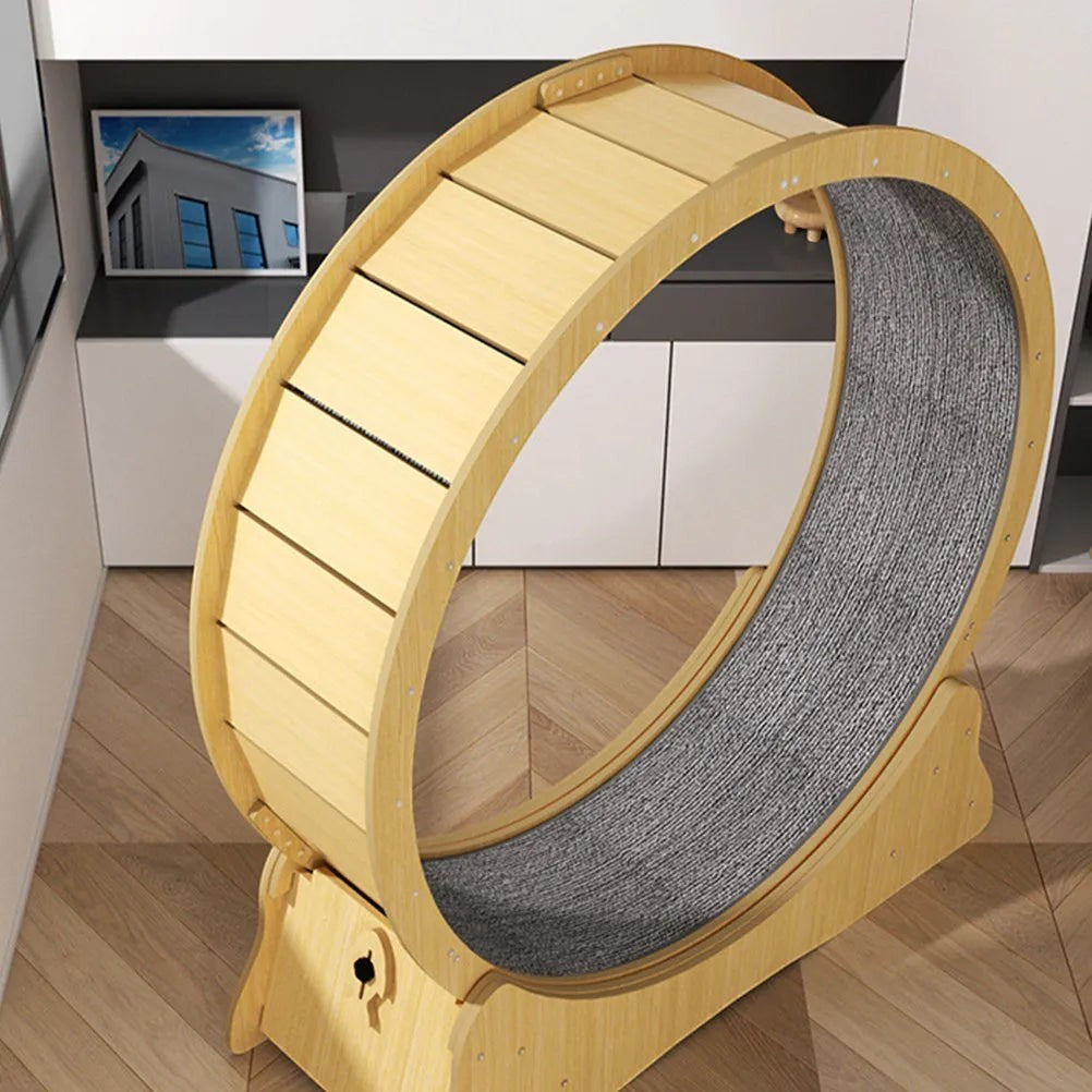 Tailwag Factory grey felt replacement mat installed inside a wooden cat exercise running wheel for indoor pet fitness