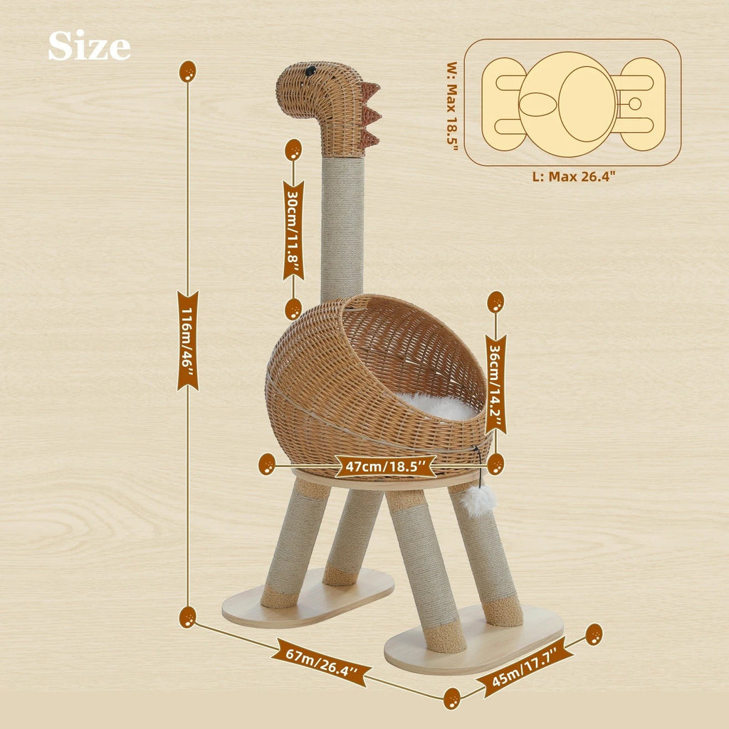 Tailwag Factory dinosaur cat tree tower with sisal scratching posts and rattan bed, showing dimensions in beige.