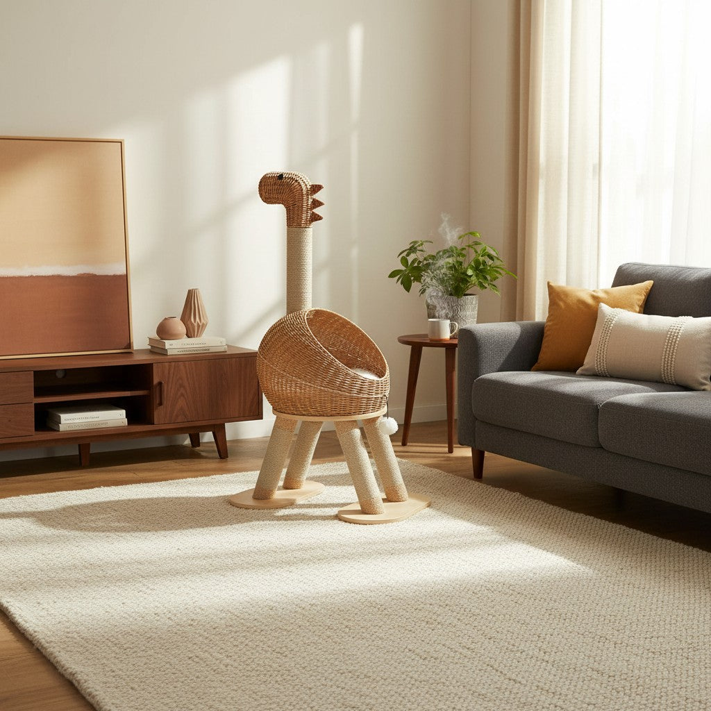 Tailwag Factory dinosaur-shaped cat tree with sisal-wrapped neck and rattan bed in a modern living room setting