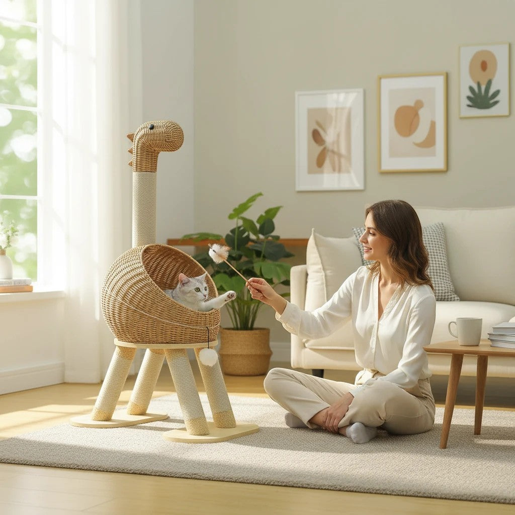 Tailwag Factory dinosaur cat tree with rattan bed and sisal scratching posts, featuring a cat playing in a living room
