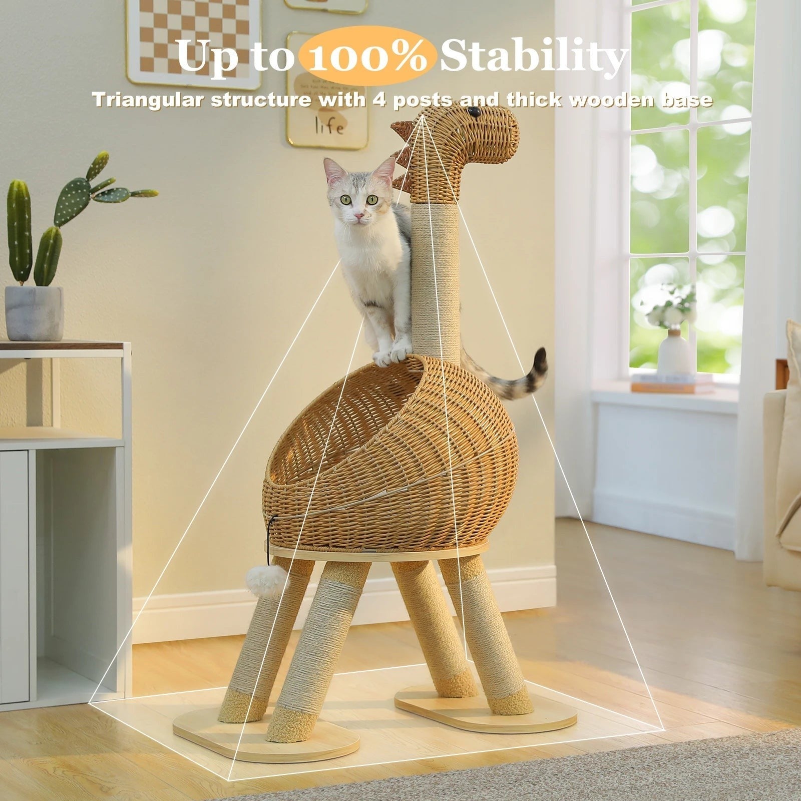 Tailwag Factory beige dinosaur cat tree with sisal-wrapped legs and a rattan lounge bed, featuring a cat on top.