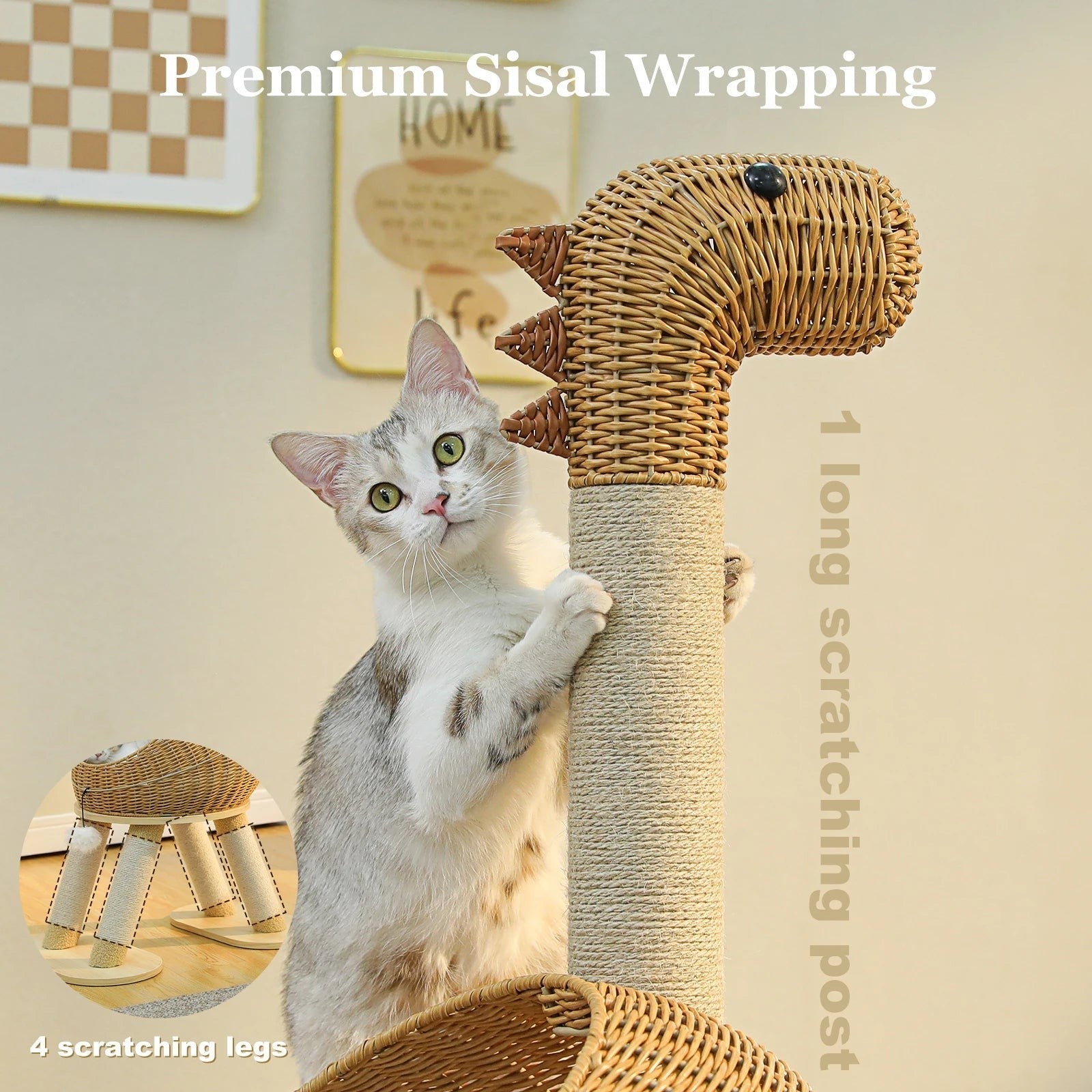 Tailwag Factory dinosaur cat tree with natural sisal scratching post and rattan details, featuring a cat playing.