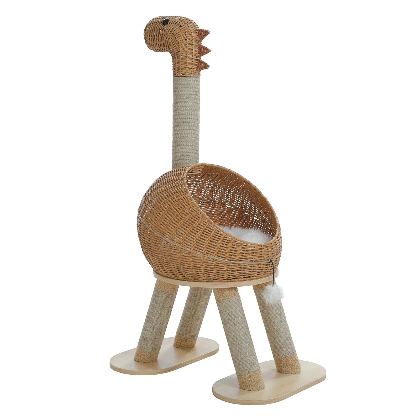 Tailwag Factory dinosaur-shaped cat tree with a rattan bed, sisal-wrapped neck and legs, and a beige wooden base.