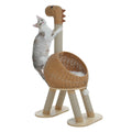 Tailwag Factory beige dinosaur-shaped cat tree with a rattan bed and sisal-wrapped scratching posts, cat climbing on it