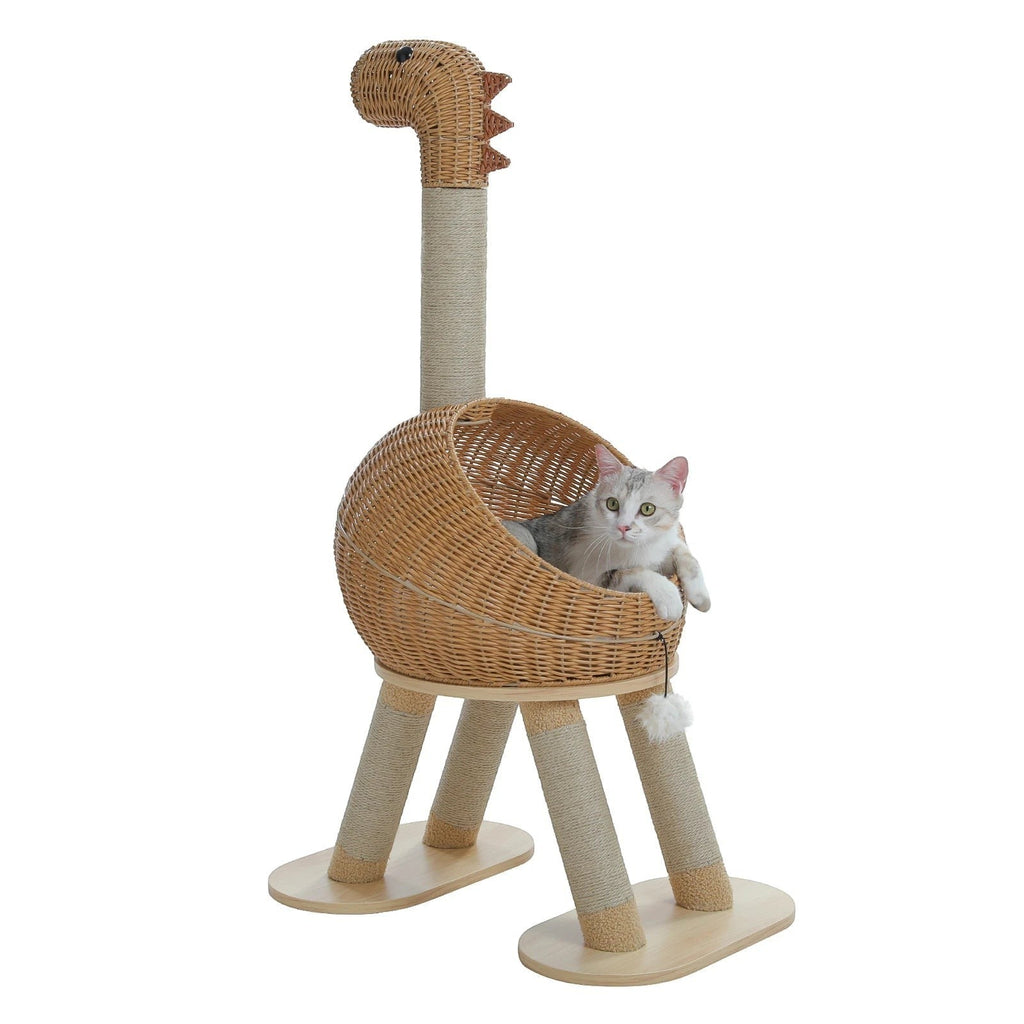 Tailwag Factory beige dinosaur-shaped cat tree with a rattan condo, sisal-wrapped neck, and a cat resting inside.