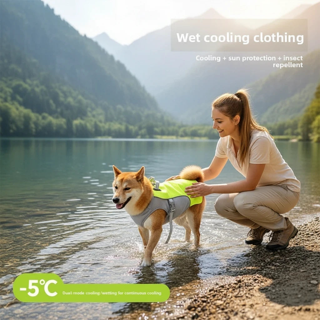 Tailwag Factory dog wearing a neon yellow evaporative cooling vest while standing in a lake with its owner.