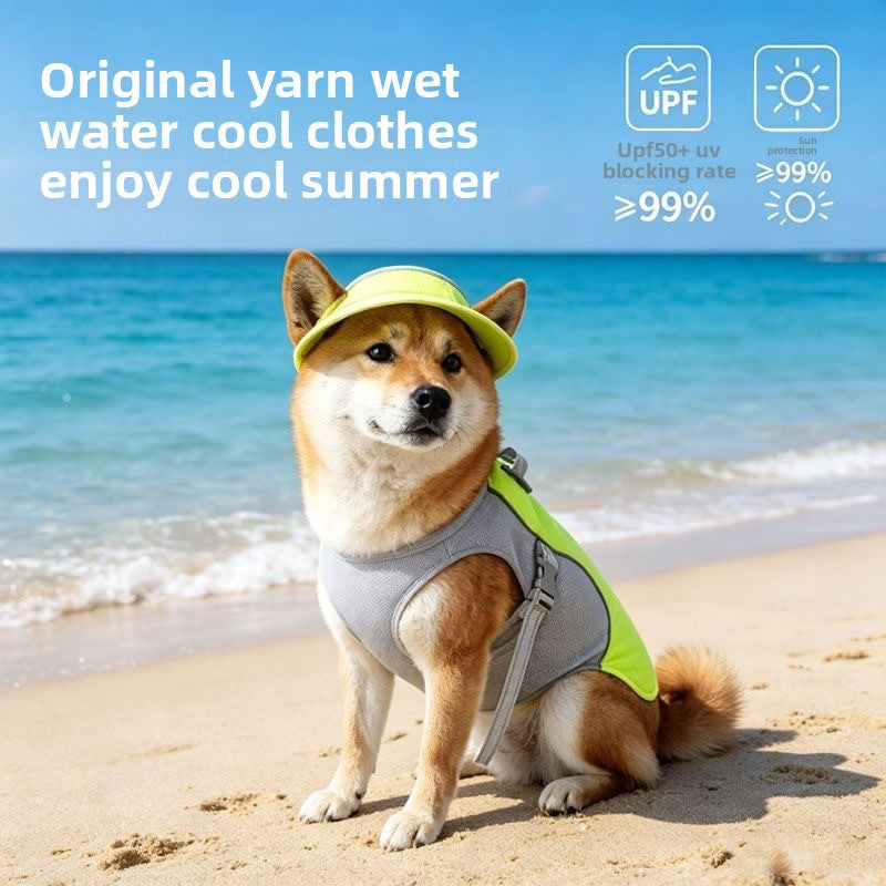 Tailwag Factory dog cooling vest in neon yellow and grey mesh worn by a Shiba Inu on a sunny beach with a sun visor.