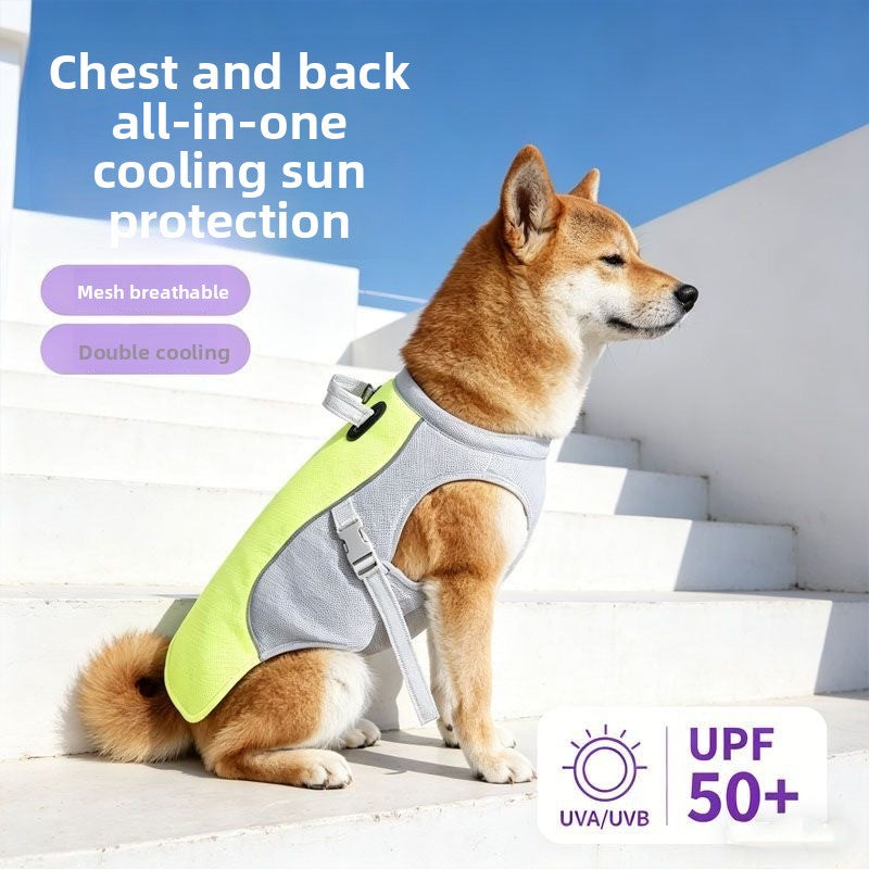 Tailwag Factory dog cooling vest in lime green and grey mesh, providing UPF 50+ sun protection for summer outdoor play