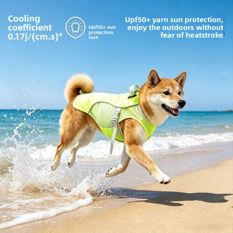 Tailwag Factory dog wearing a lightweight neon yellow evaporative cooling vest while running on a sunny beach.
