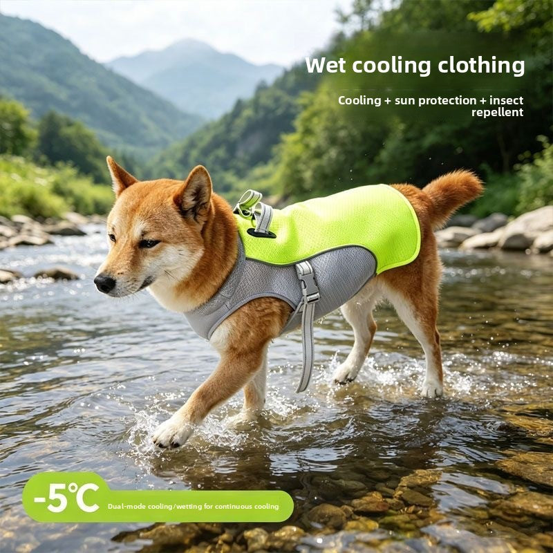 Tailwag Factory dog cooling vest in neon yellow and grey, worn by a Shiba Inu standing in a shallow mountain stream.