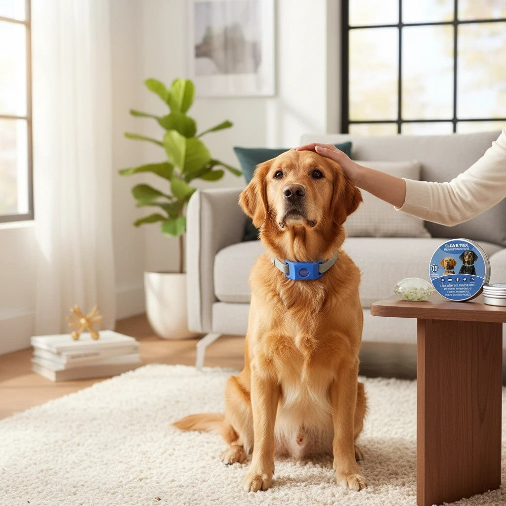 Tailwag Factory dog wearing a blue flea and tick pendant collar while being petted in a bright living room