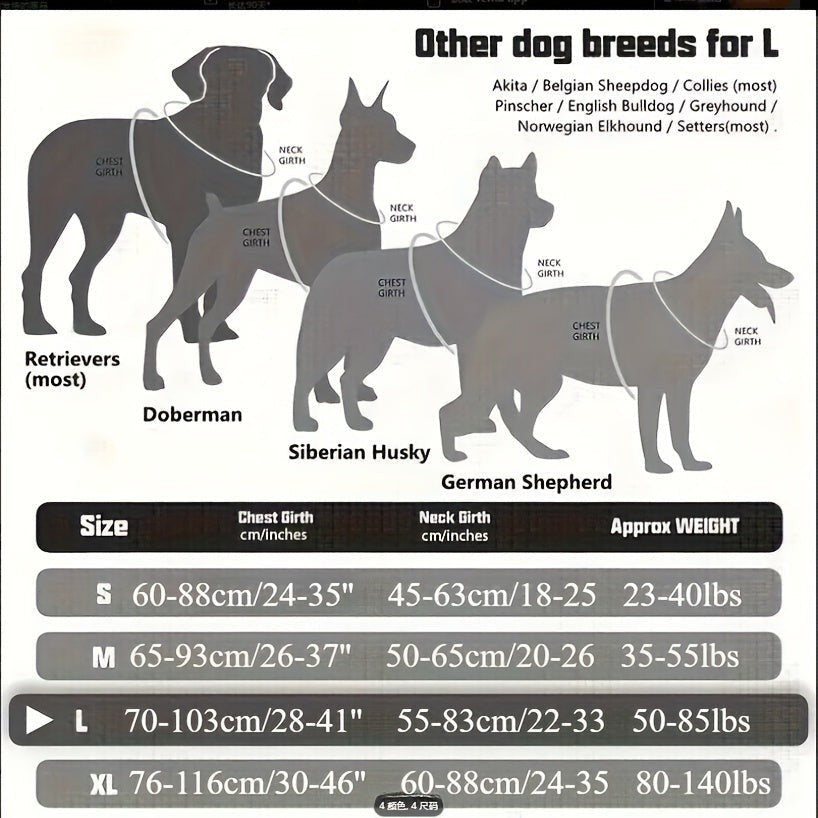 Tailwag Factory tactical dog vest harness size chart showing breed examples and chest measurements for large dogs