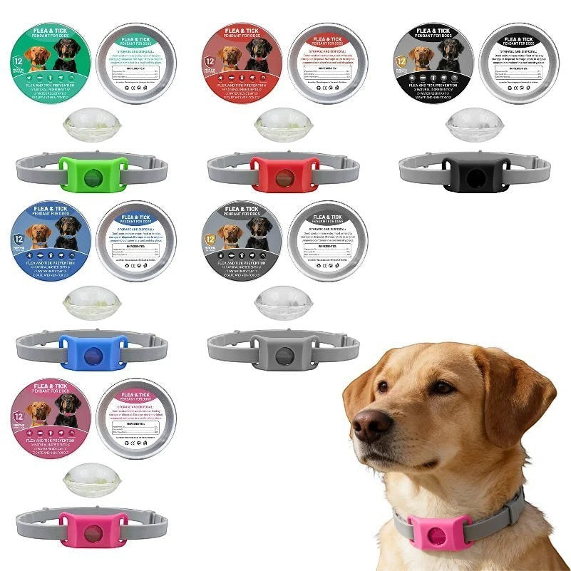 Tailwag Factory flea and tick pendant collars for dogs in various colors, featuring natural ingredients.