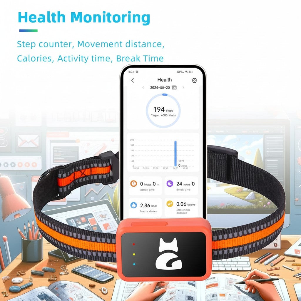 Tailwag Factory 4G smart GPS tracker for pets with health monitoring app interface showing activity statistics