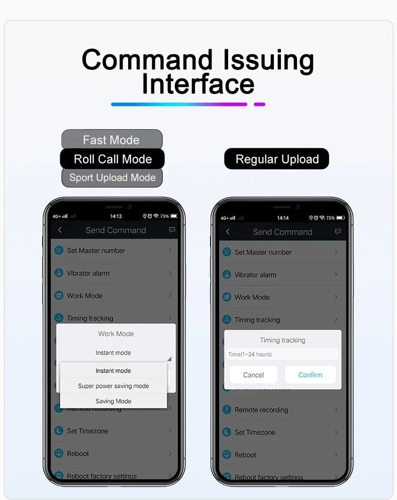 Tailwag Factory 4G GPS tracker mobile app interface showing command settings for tracking modes and alarm alerts