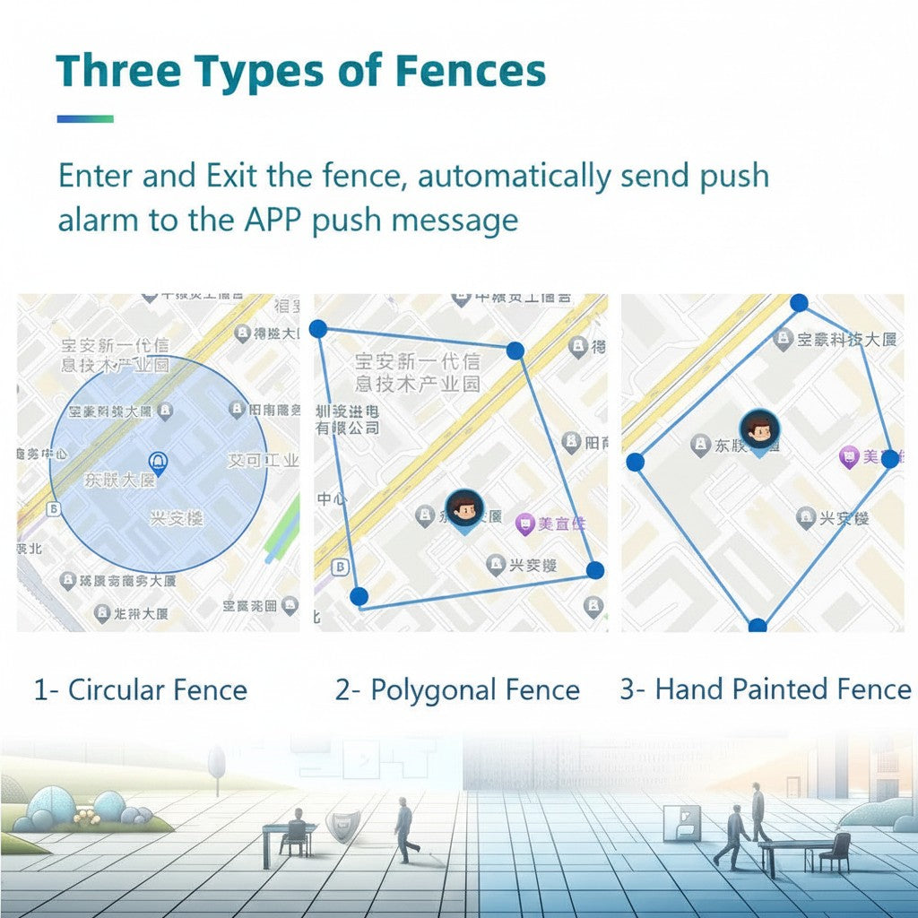 Tailwag Factory GPS tracker app interface showing circular, polygonal, and hand-painted geo-fence map zones for pets