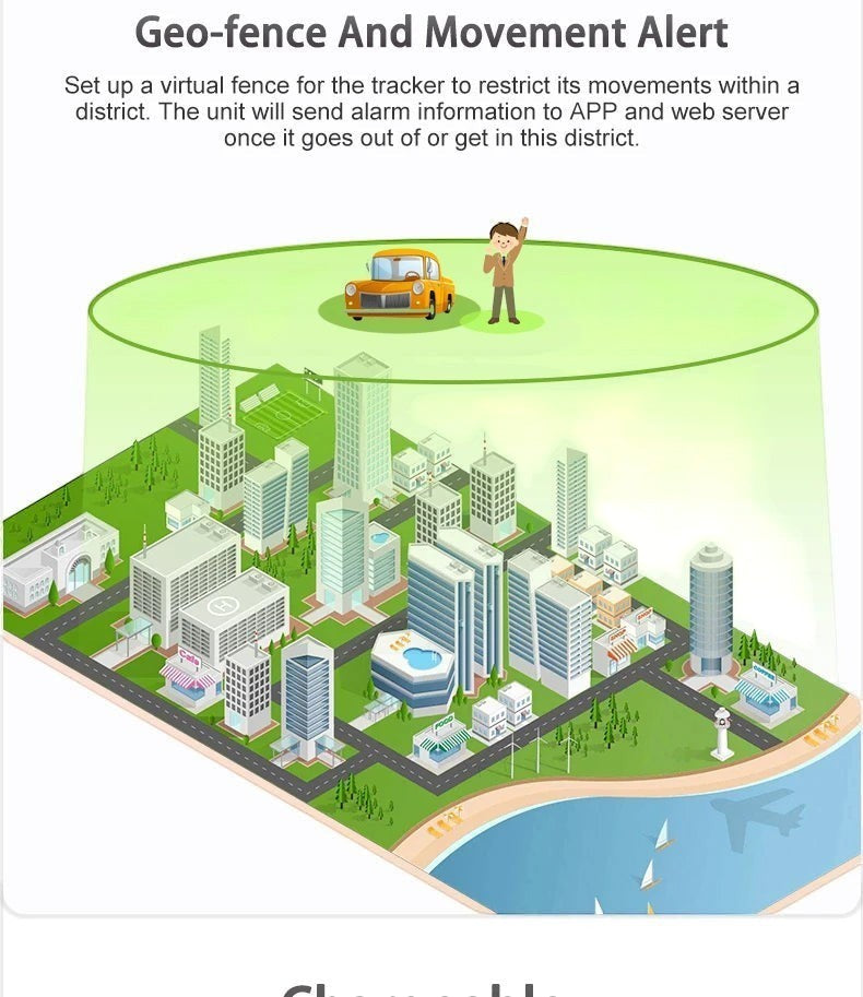 Tailwag Factory 4G GPS tracker geo-fence feature illustration showing a virtual boundary over a city map