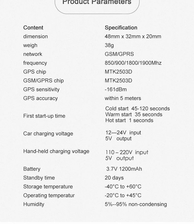 Tailwag Factory 4G GPS tracker technical specifications table showing dimensions, weight, and battery performance.