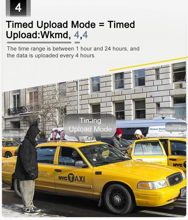 Tailwag Factory 4G GPS tracker interface showing timed upload mode settings for real-time location tracking