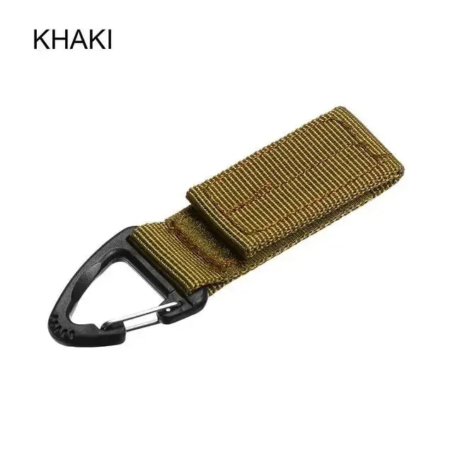 Tailwag Factory khaki tactical MOLLE key hook clip with durable nylon webbing and a black plastic carabiner buckle