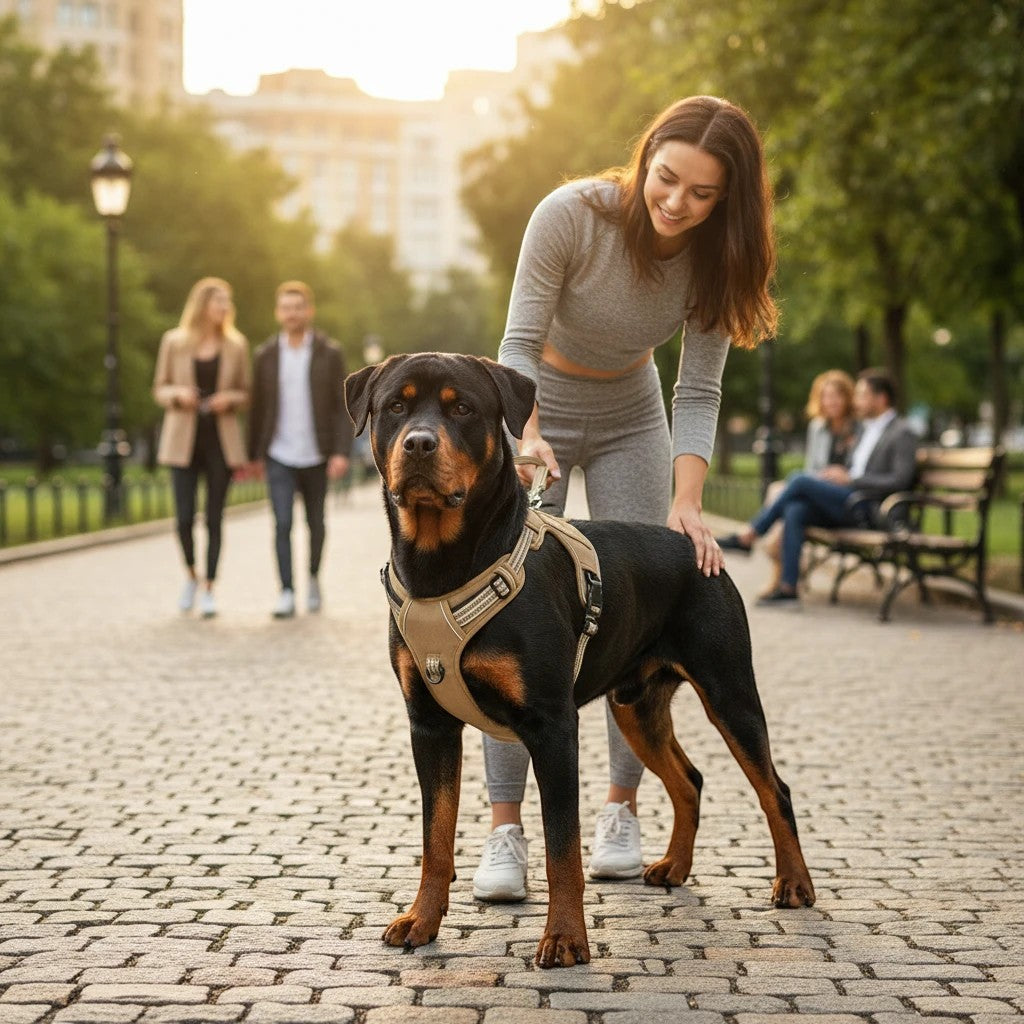 Tailwag Factory khaki tactical dog vest harness on a Rottweiler with a woman in a park setting