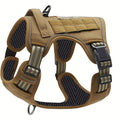 Tailwag Factory khaki tactical dog vest harness with padded mesh lining, top handle, and no-pull leash attachments.