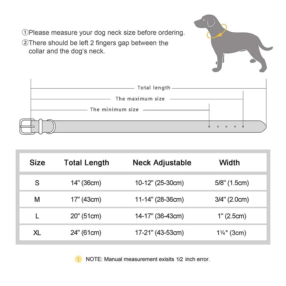Tailwag Factory genuine leather dog collar size guide chart showing measurements for small to extra large dog breeds