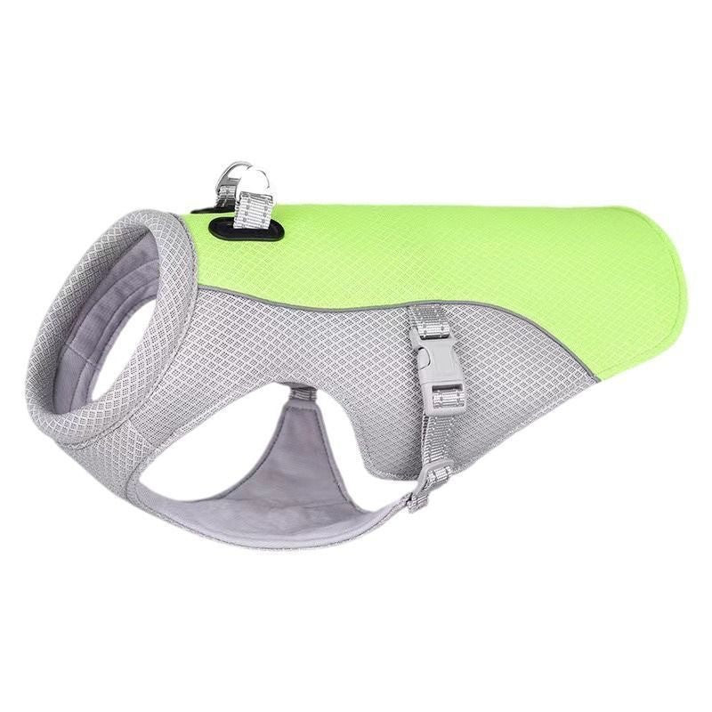 Tailwag Factory lightweight neon green and grey evaporative cooling vest for dogs with adjustable buckle straps