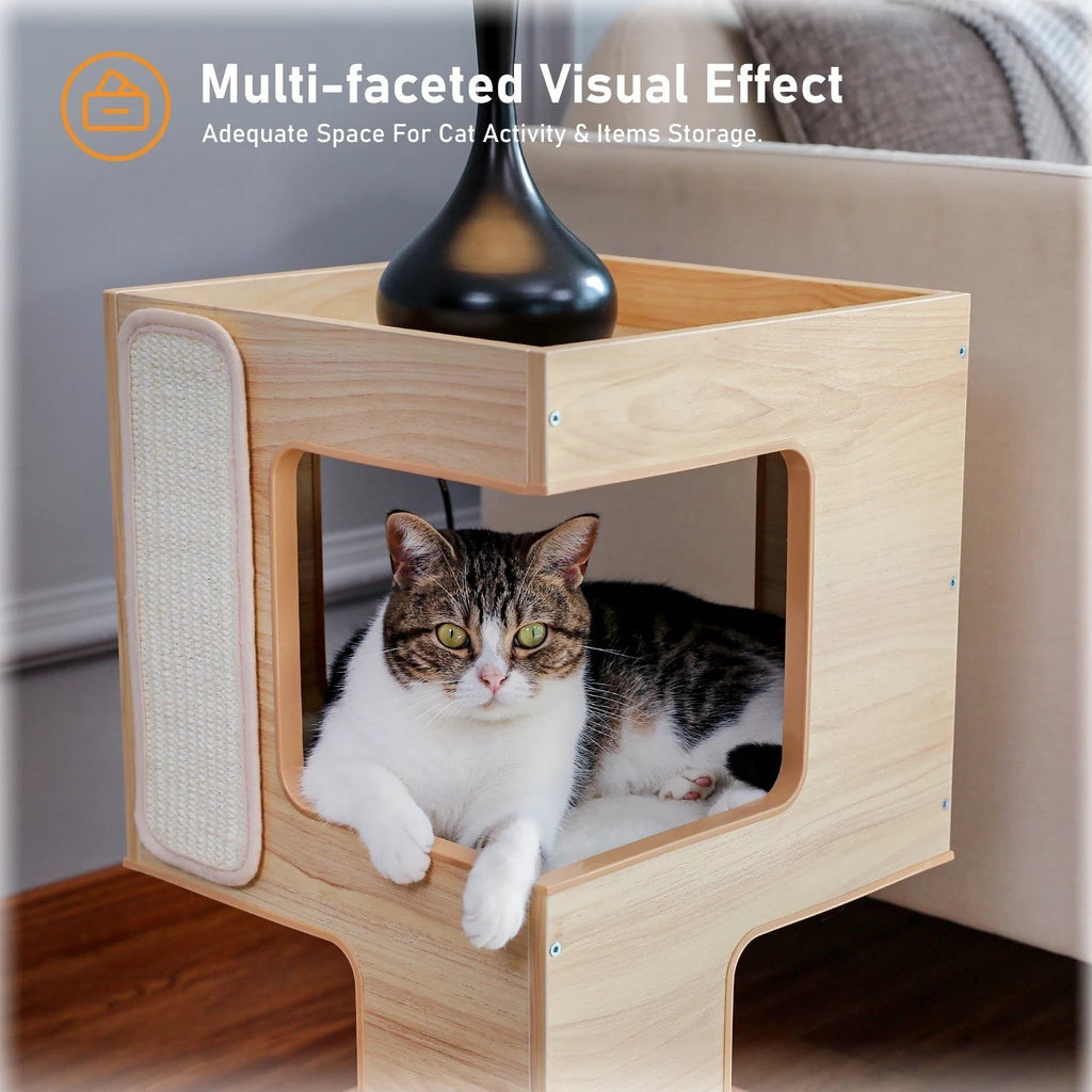 Tailwag Factory modern wood cat condo and side table with a cat resting inside and a built-in scratching pad