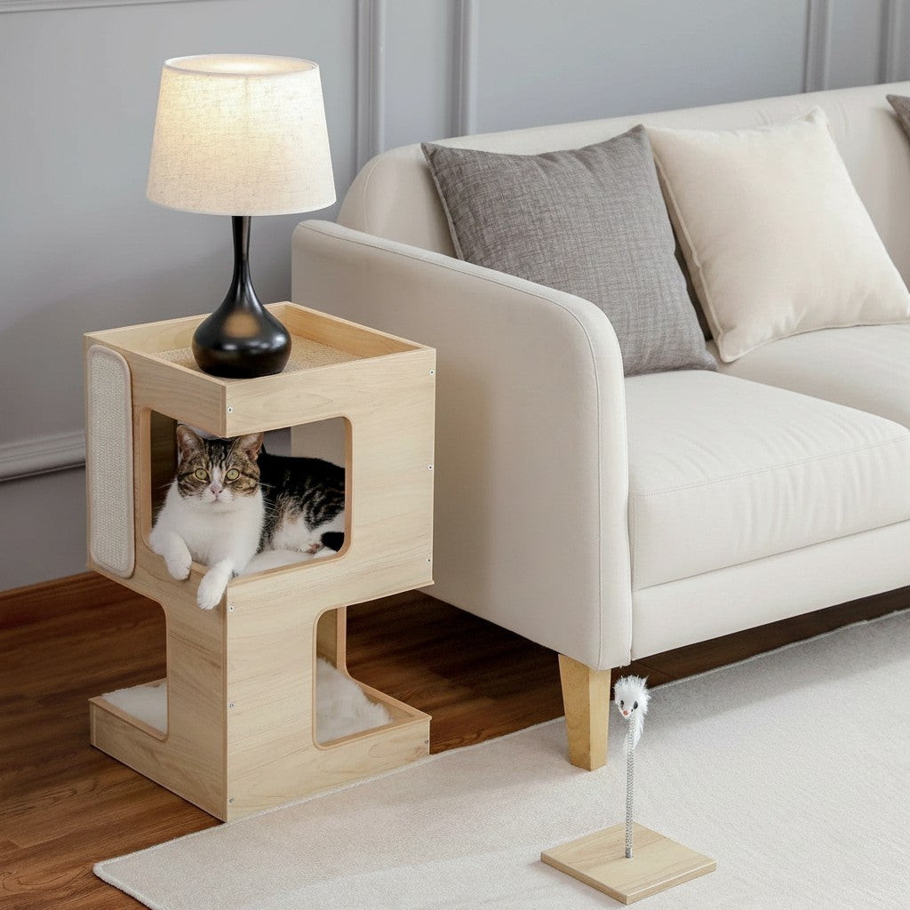 Tailwag Factory modern wood cat condo and side table with a cat resting inside, placed next to a white sofa.