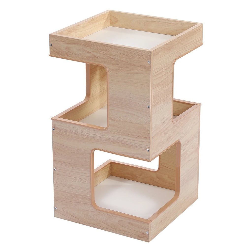 Tailwag Factory modern wood cat condo and side table with a minimalist light wood finish and two-tier design