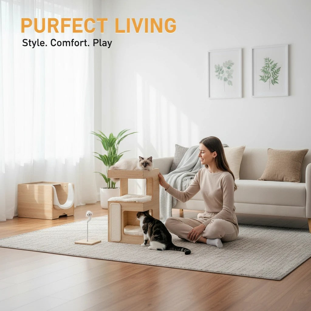 Tailwag Factory modern wood cat condo and side table with plush cushions and scratching pad in a bright living room