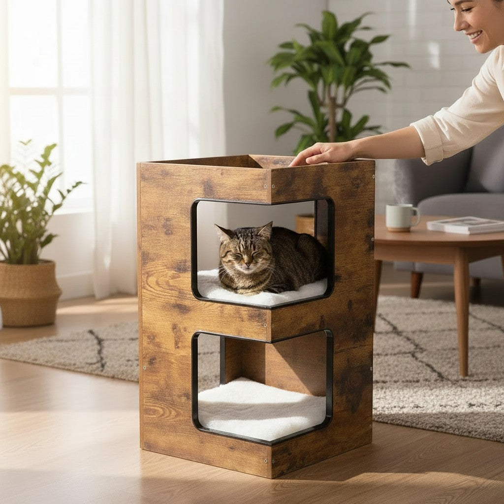 Tailwag Factory modern wood cat condo with two levels, plush white cushions, and a tabby cat resting inside.