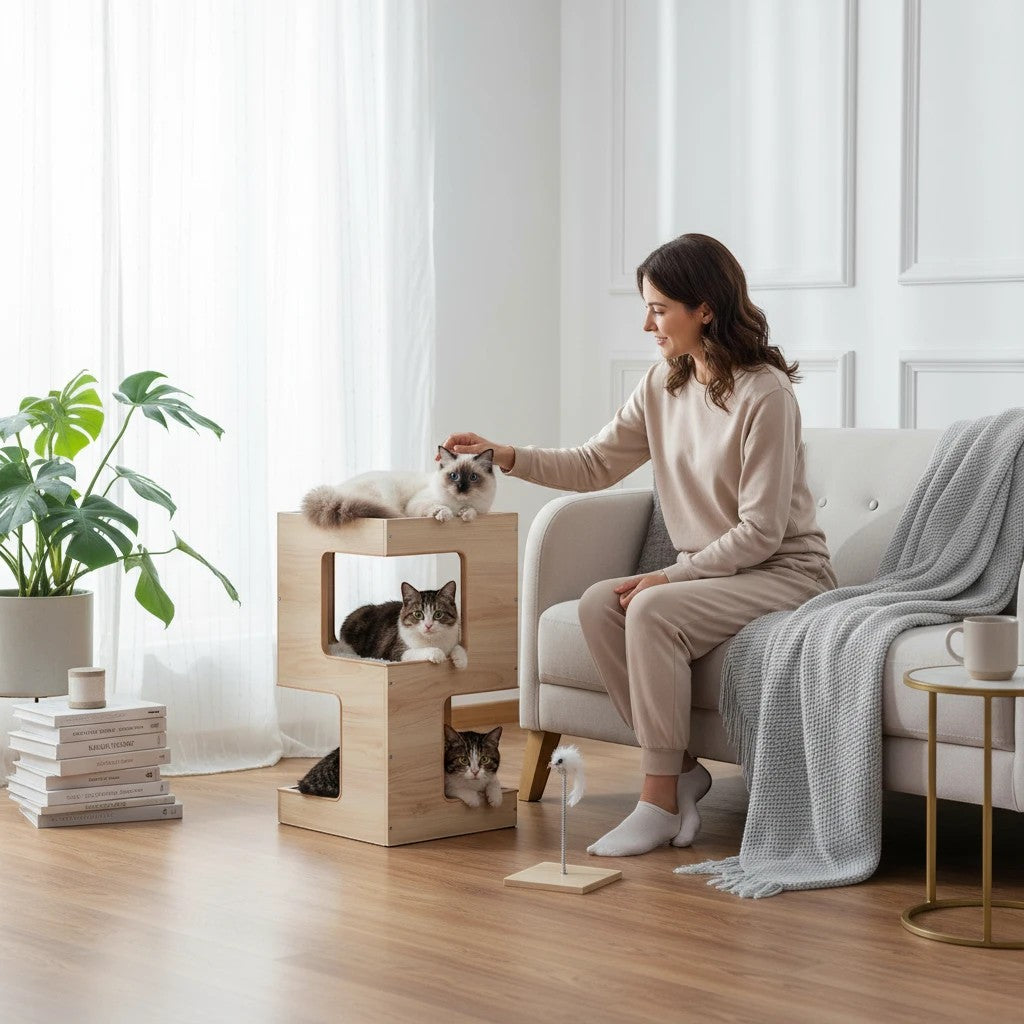 Tailwag Factory modern wood cat condo and side table with three cats in a bright living room next to a woman