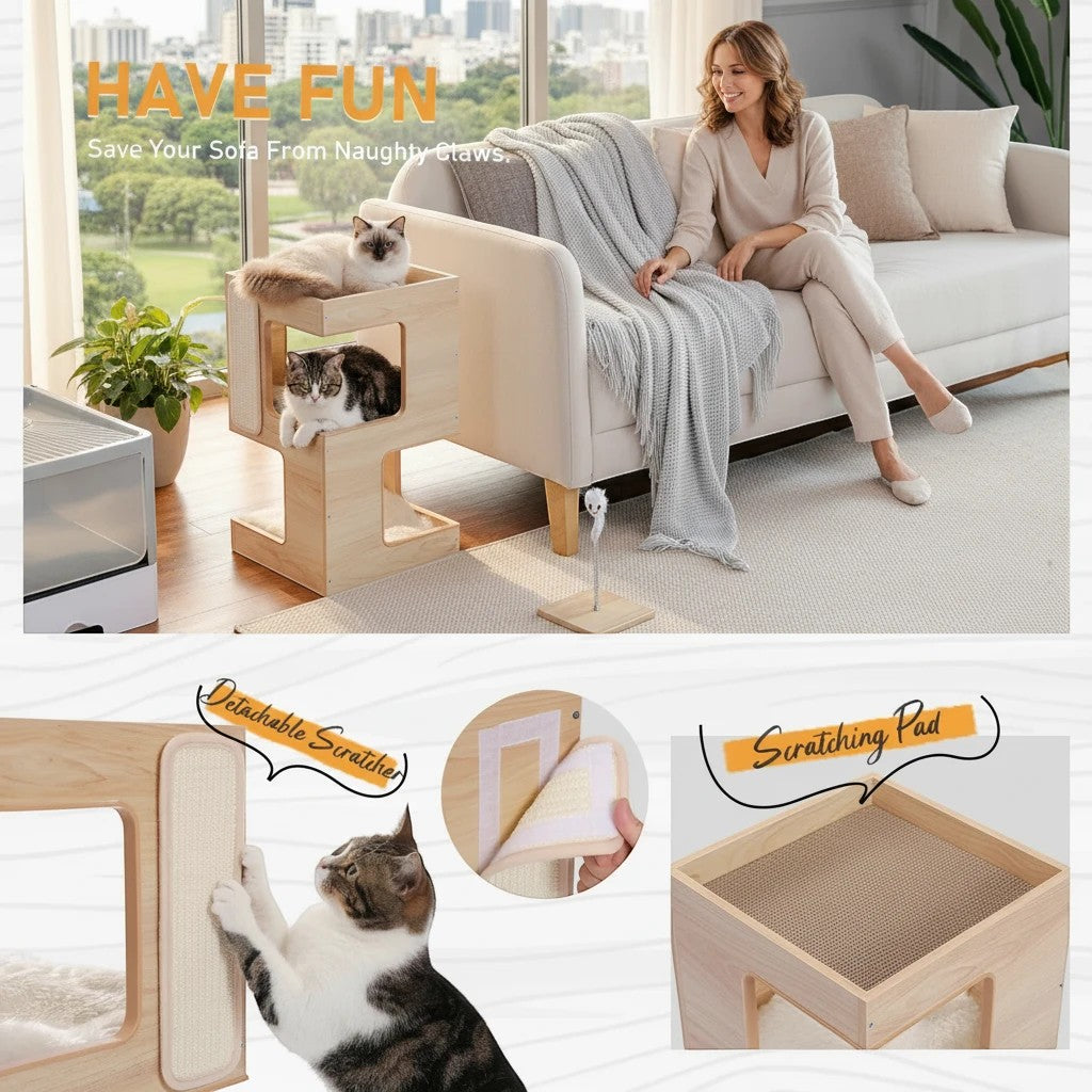 Tailwag Factory modern wood cat condo and side table with a scratching pad, featuring two cats in a living room.