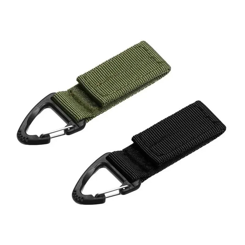 Tailwag Factory tactical MOLLE key hook clips in olive green and black nylon webbing with durable plastic carabiners.
