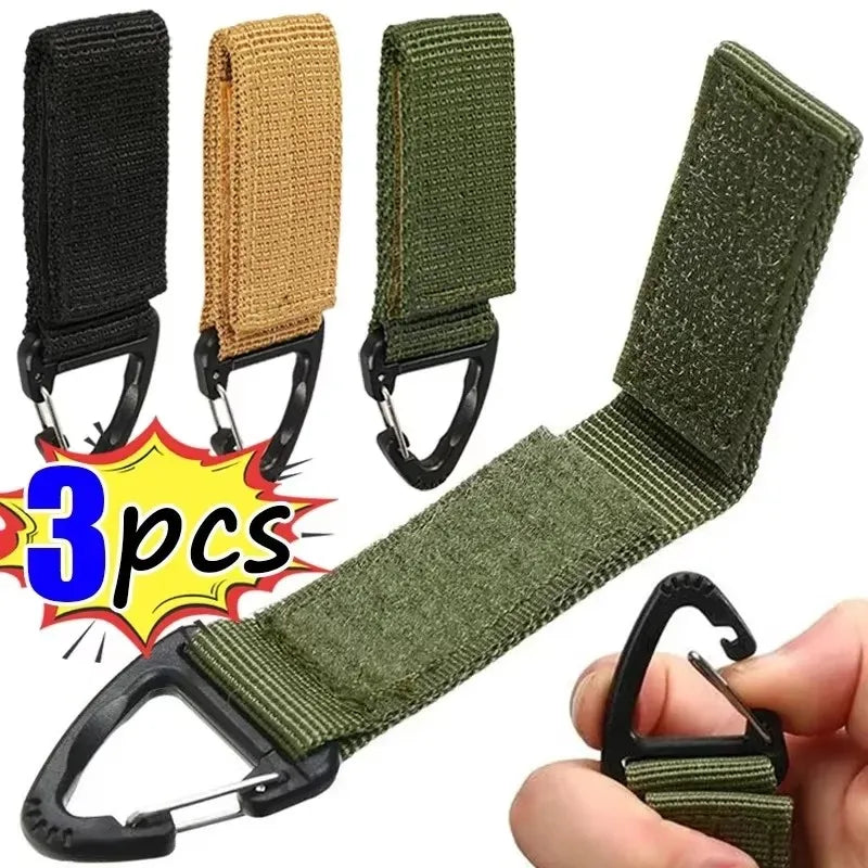 Tailwag Factory tactical MOLLE key hook clips in black, khaki, and green nylon webbing with plastic carabiners.
